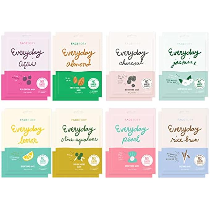 FACETORY K BEAUTY FACE MASK SKIN CARE - EVERYDAY 8 COLLECTION SHEET MASK SET (16 PC) | NATURAL PREMIUM KOREAN FACE MASK FOR ALL SKIN TYPES - NO SULFATES NO PARABENS - Image 1
